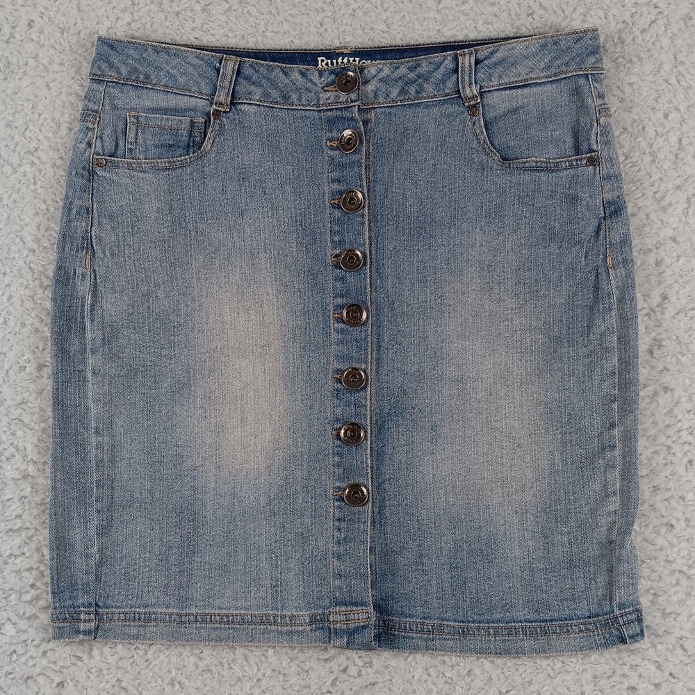 RuffHewn‎ Womens Blue Denim Button Front Mini Skirt Size 6 Medium Wash Stretch